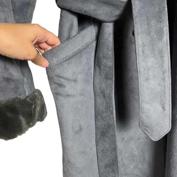 Balmain Authentic Gray Faux Fur Lined Faux Suede Belted Winter Coat Size Small